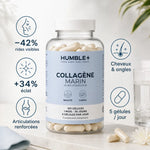 Humble+ Collagène Marin 150 gélules avec infographie des bénéfits: rides, éclat, articulations