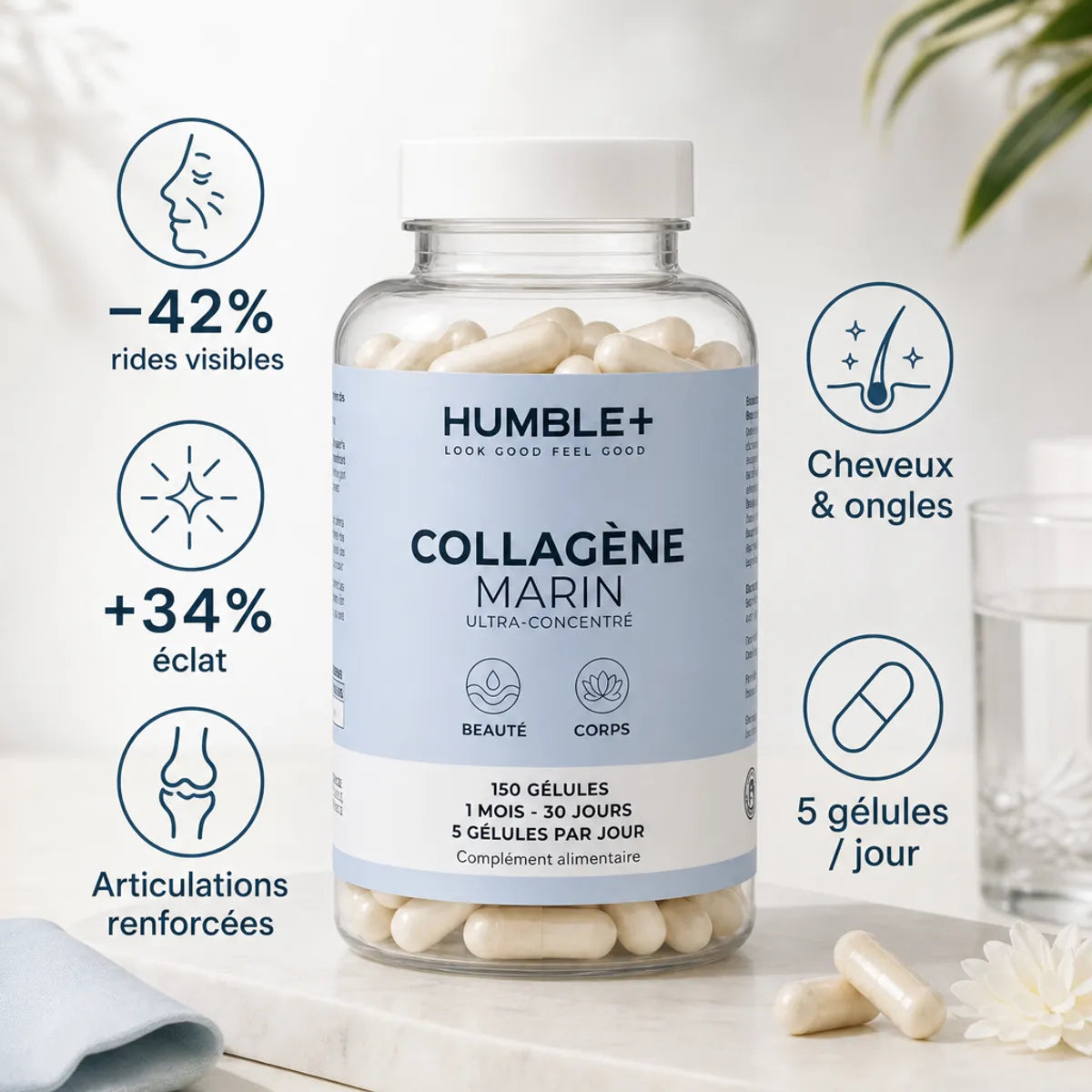 Humble+ Collagène Marin 150 gélules avec infographie des bénéfits: rides, éclat, articulations
