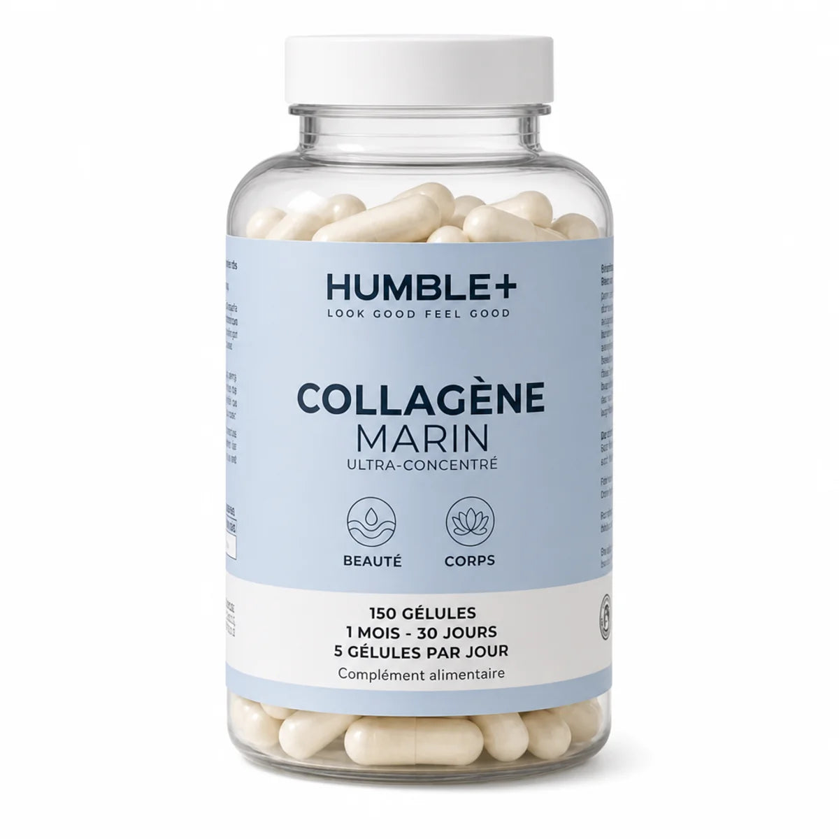 Bouteille de Collagène Marin Humble+ 150 gélules avec étiquette bleue sur fond blanc
