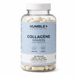 Bouteille de Collagène Marin Humble+ 150 gélules avec étiquette bleue sur fond blanc
