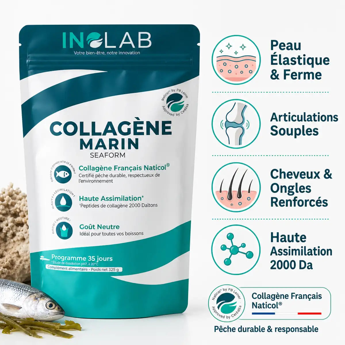Collagène marin Inolab 2000 Da avec bénéfices peau, articulations, cheveux et ongles