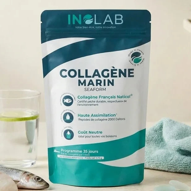Collagène marin Inolab 2000 Da 175g avec verre d'eau et ingrédients naturels marins