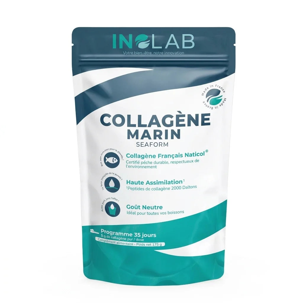 Collagène marin Inolab 2000 Da 175g, sachet teal et blanc certifié Naticol sur fond blanc