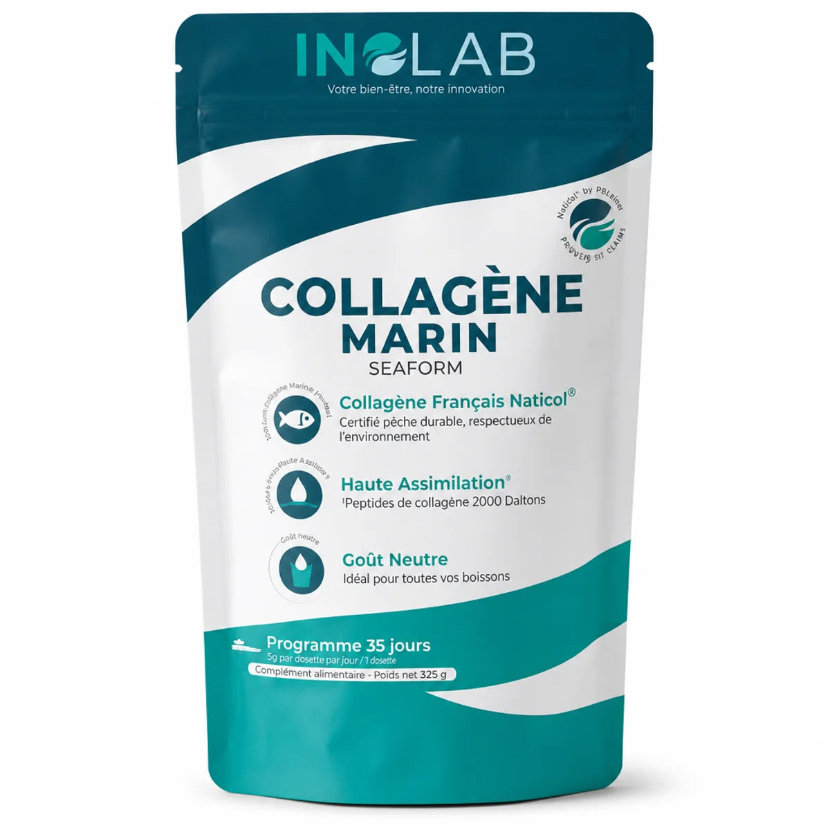 Collagène Marin 2000 Da Inolab 175g - Sachet doypack blanc et teal haute assimilation