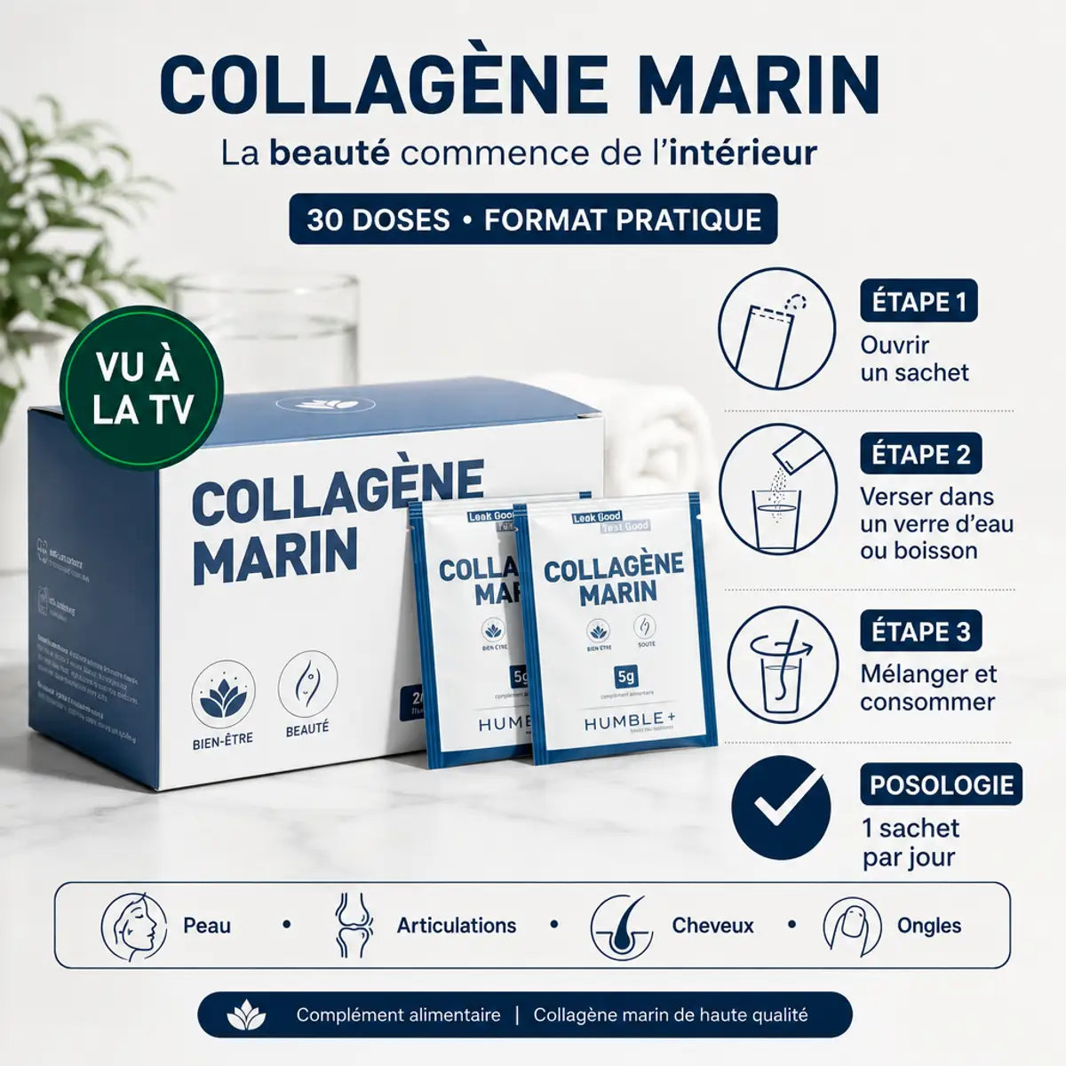Humble+ Collagène Marin 30 doses - Guide d'utilisation avec étapes de préparation et bénéfices bien-être
