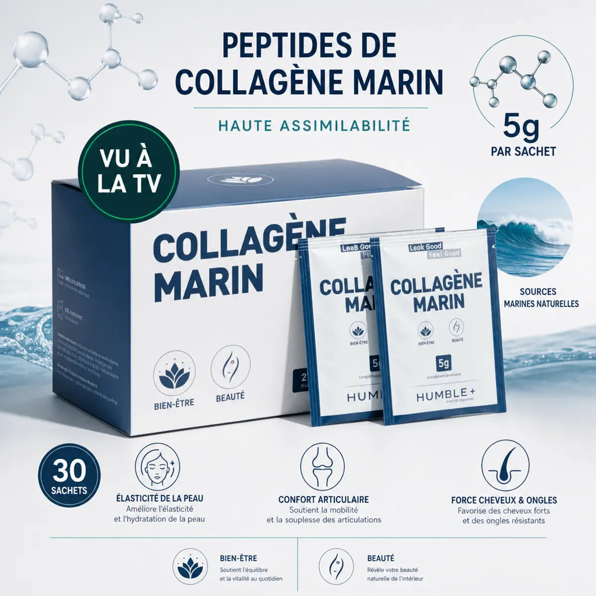 Collagène Marin Humble+ 30 doses avec peptides marins, bénéfices peau et articulations