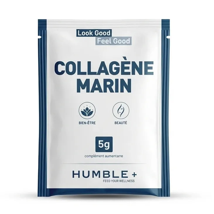 Sachet Collagène Marin Humble+ 5g blanc et bleu, complément alimentaire 30 doses