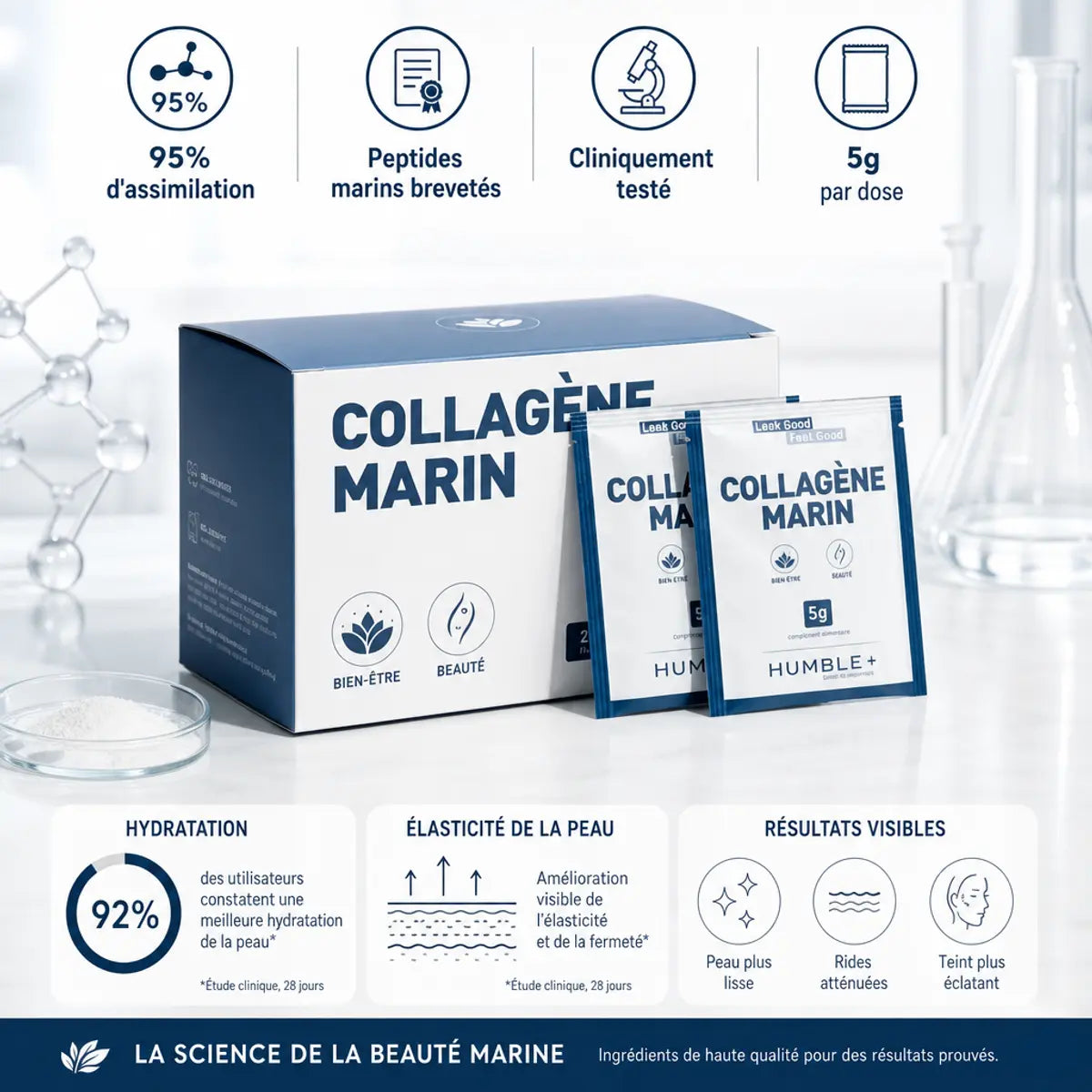 Collagène Marin Humble+ 30 doses sachets avec peptides marins brevetés et données d'assimilation
