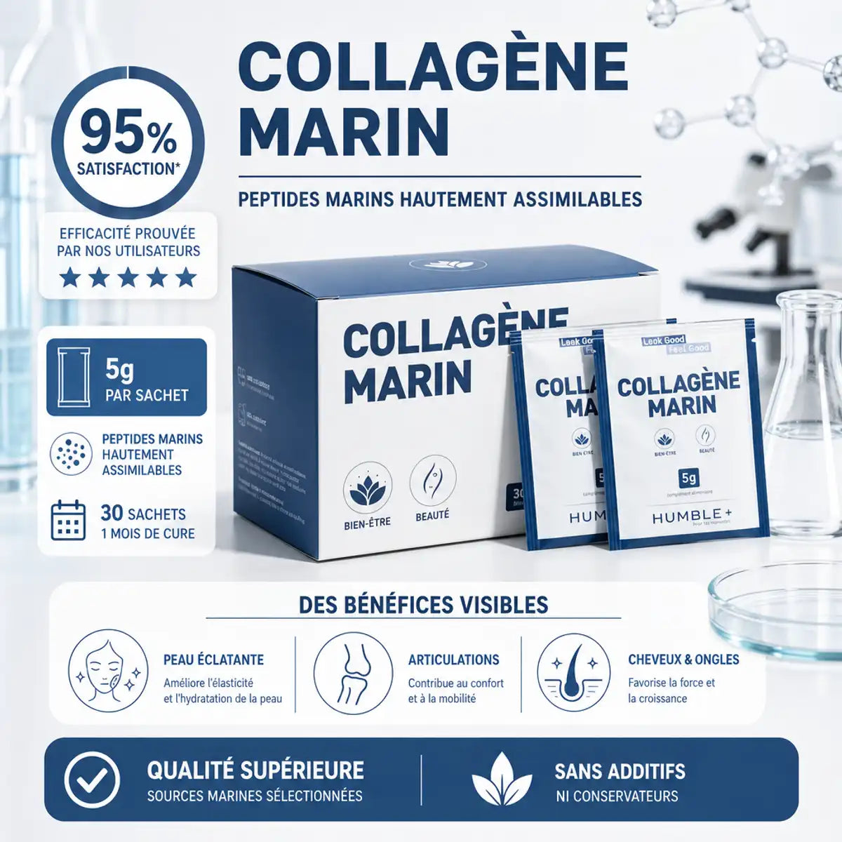 Collagène Marin Humble+ 30 doses sachets 5g avec données cliniques 95% satisfaction sur fond blanc