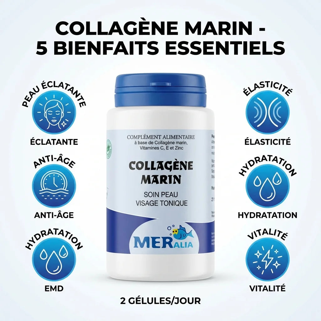 Meralia Collagène Marin 90 gélules avec 5 bienfaits : peau éclatante, élasticité, anti-âge, hydratation