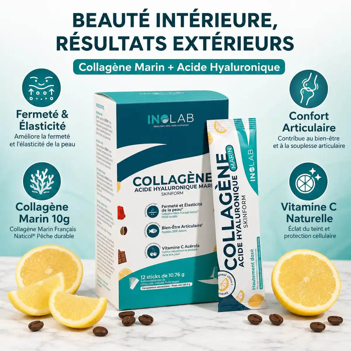Collagène Marin Acide Hyaluronique Inolab stick - fermeté élasticité articulaire vitamine C