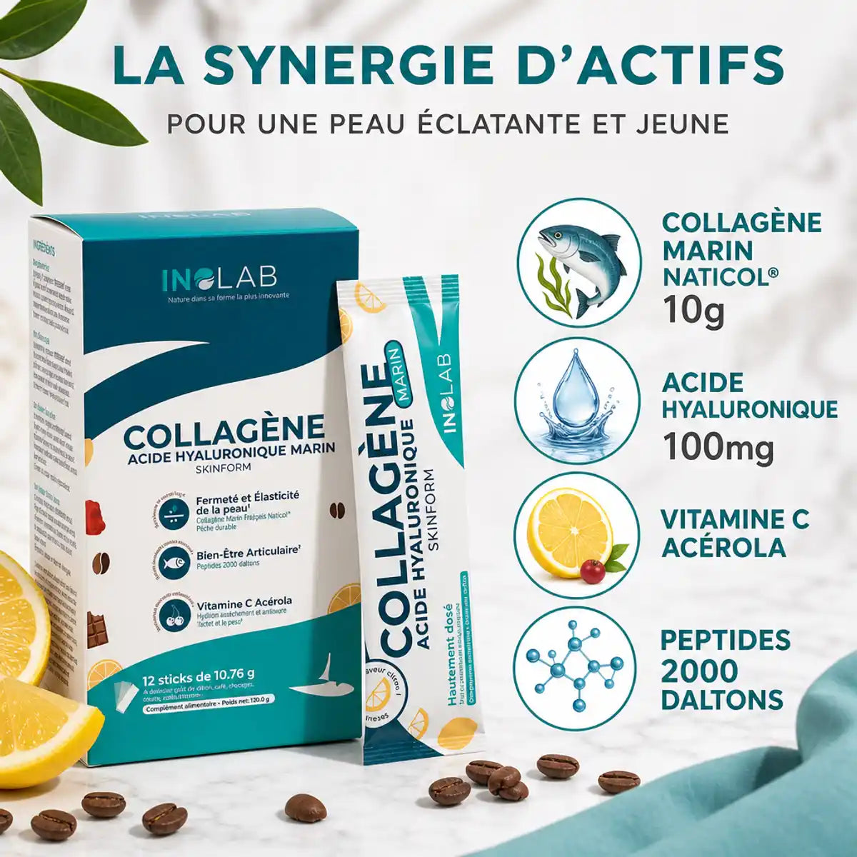 Collagène Marin et Acide Hyaluronique Inolab en stick - Infographie ingrédients beauté