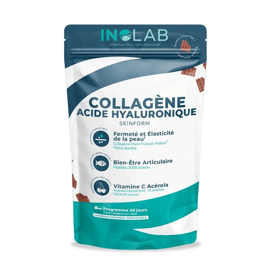 Un sachet de 242 grammes de Collagène Marin + Acide Hyaluronique Saveur Chocolat Inolab
