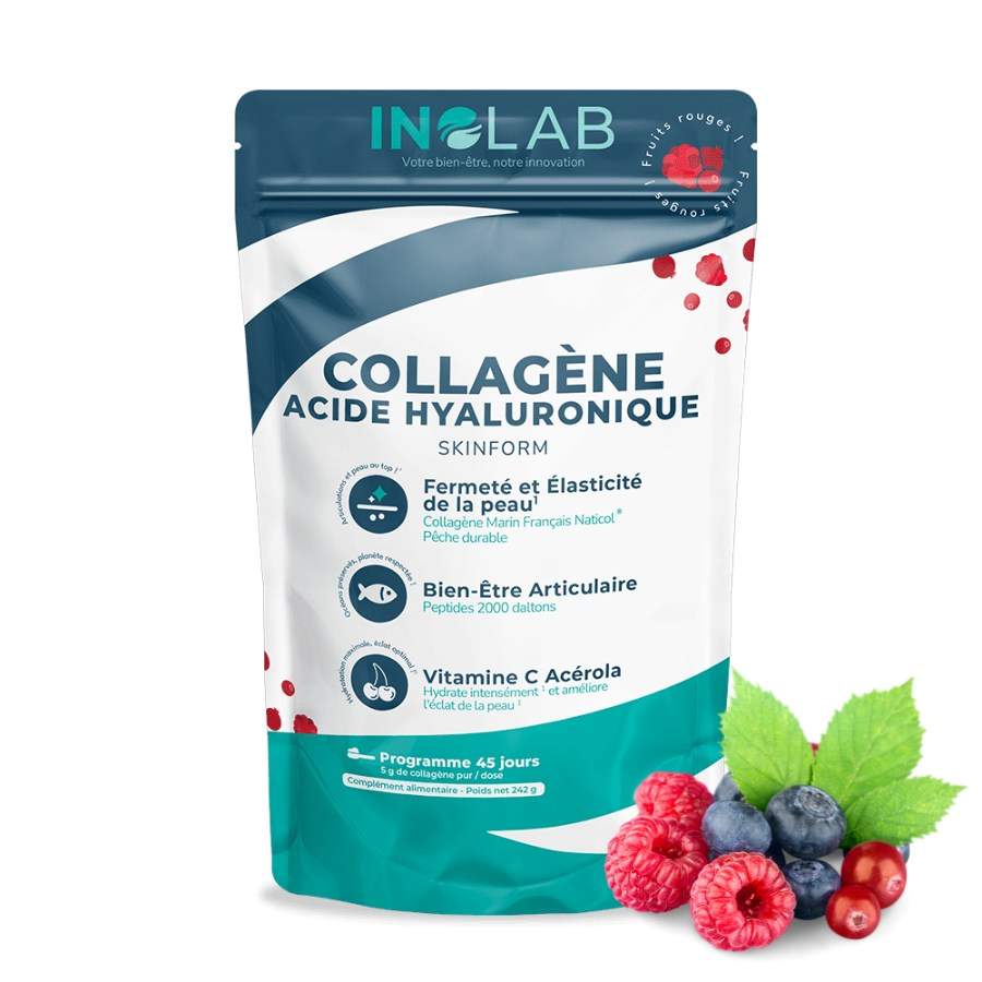 Un sachet de 242g de collagène marin et d'acide hyaluronique aux fruits rouges de la marque inolab