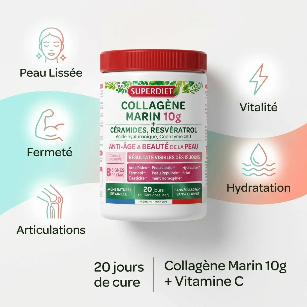 Superdiet Collagène Marin 10g - Pot avec bénéfices peau lissée, fermeté et hydratation