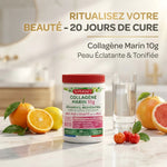 Superdiet Collagène Marin 10g jar sur marbre avec fruits, cure beauté peau éclatante