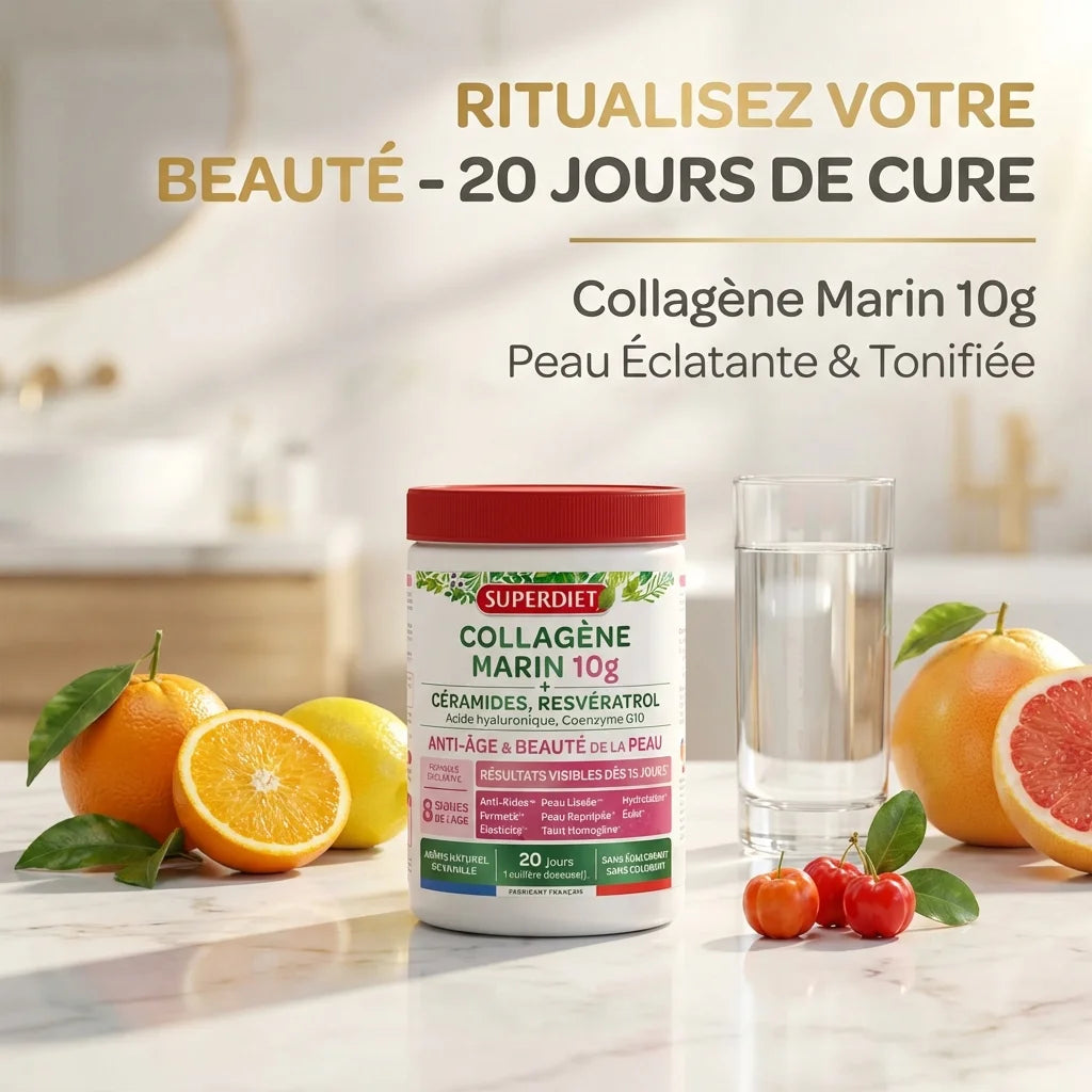 Superdiet Collagène Marin 10g jar sur marbre avec fruits, cure beauté peau éclatante