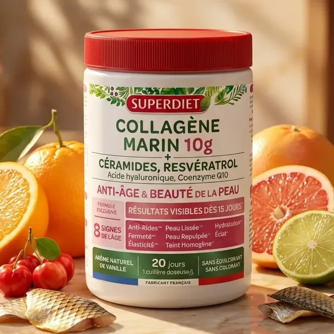 Superdiet Collagène Marin 10g pot avec fruits sur marbre, beauté peau wellness