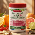 Superdiet Collagène Marin 10g pot avec fruits sur marbre, beauté peau wellness