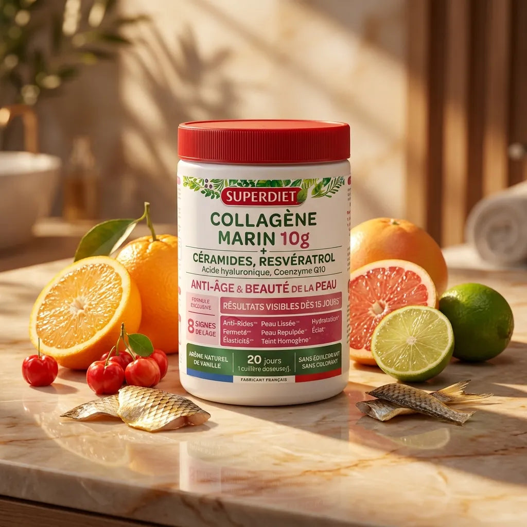Superdiet Collagène Marin 10g pot avec fruits sur marbre, beauté peau wellness