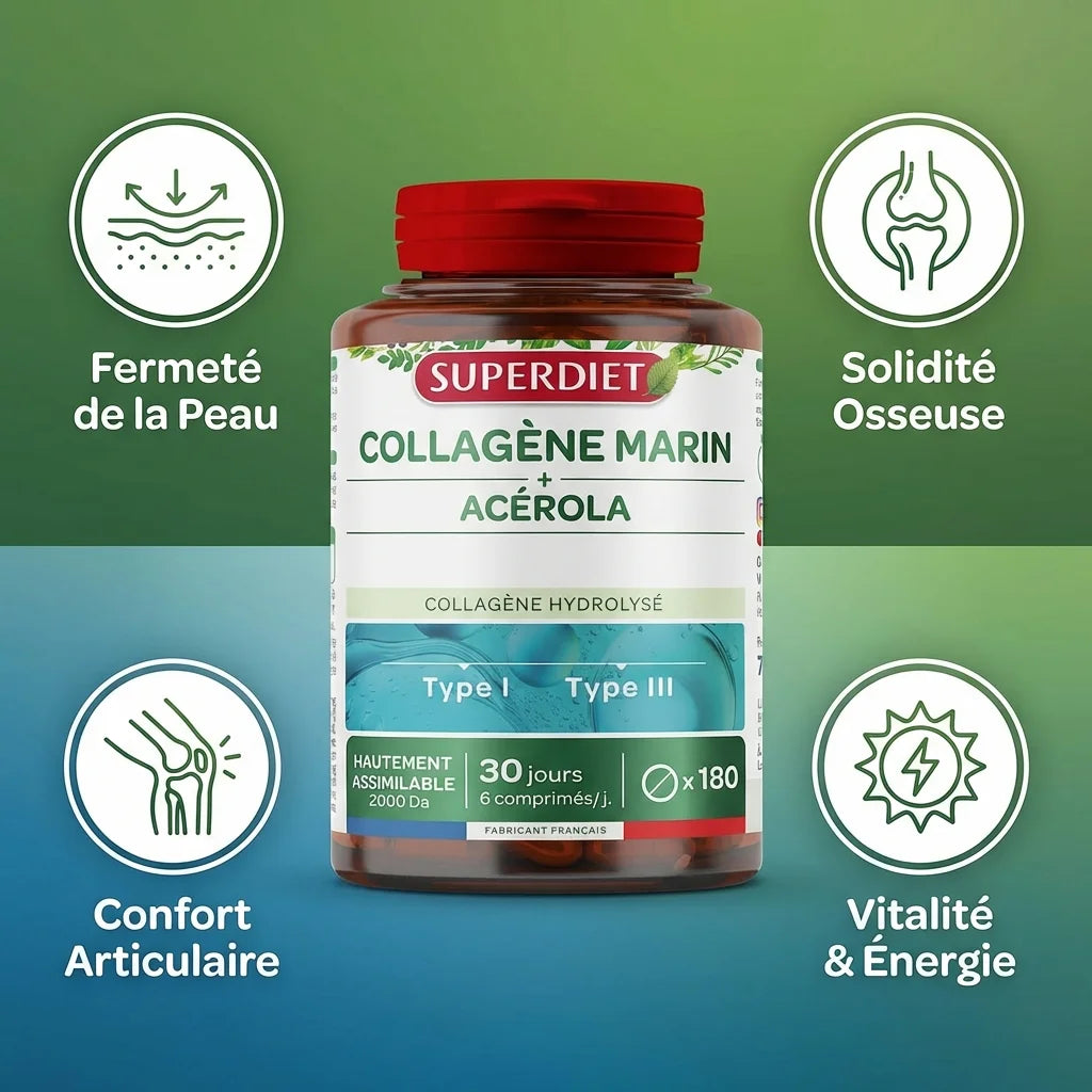 Superdiet Collagène Marin Acérola 180 comprimés avec infographies bénéfices peau, os et articulations