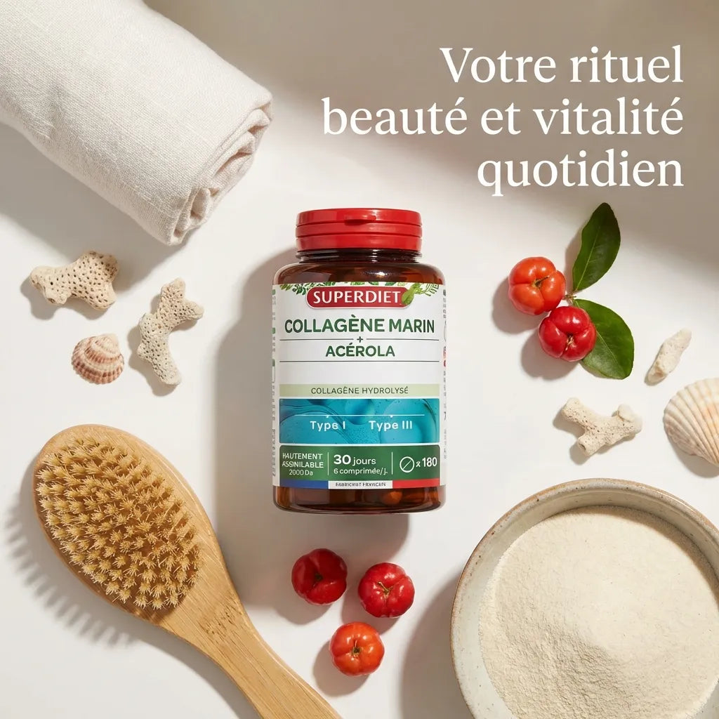 Collagène marin Superdiet 180 comprimés avec acérola, bouteille verre brun sur fond neutre