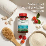 Collagène marin Superdiet 180 comprimés avec acérola, bouteille verre brun sur fond neutre