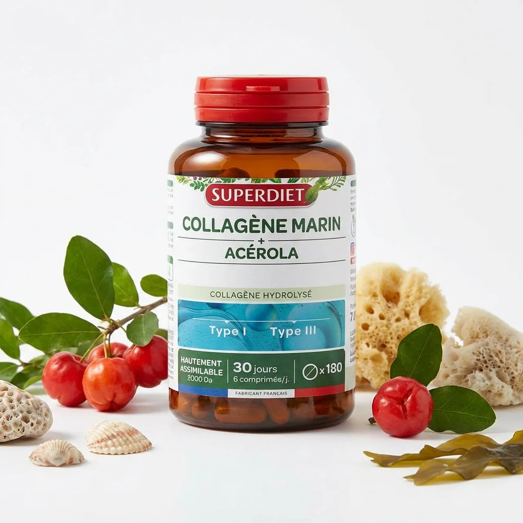 Flacon Superdiet Collagène Marin Acérola 180 comprimés avec baies fraîches sur fond blanc
