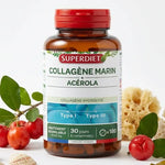 Flacon Superdiet Collagène Marin Acérola 180 comprimés avec baies fraîches sur fond blanc