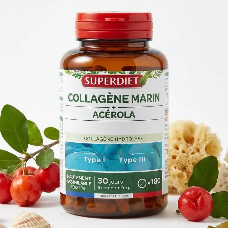 Flacon Superdiet Collagène Marin Acérola 180 comprimés avec baies fraîches sur fond blanc