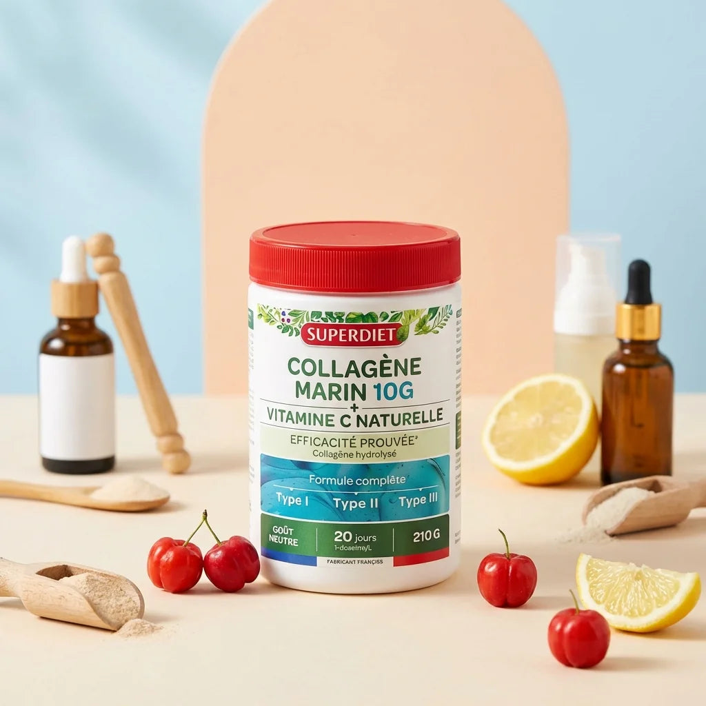 Pot de collagène marin Superdiet 210g entouré de baies d'acérola et citron frais