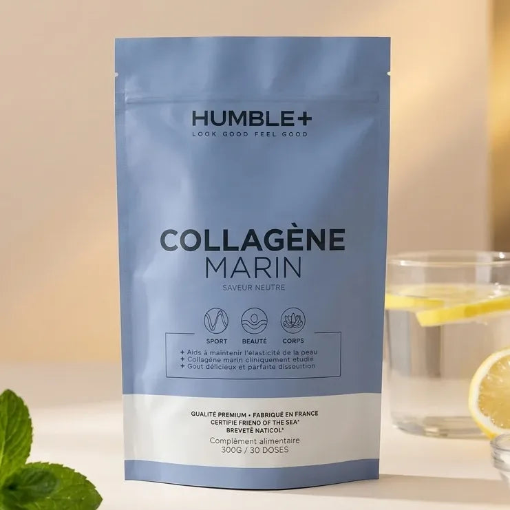 Collagène Marin Humble+ peptide type 1 sachet produit sur fond beige minimaliste
