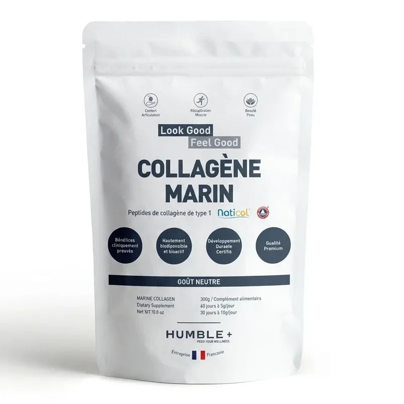 Humble+ Collagène Marin Naticol peptide type 1 sachet blanc réappellable, badges bleus, packaging professionnel e-commerce