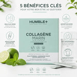 Collagène Marin Humble+ 30 doses Menthe Citron avec infographie des 5 bénéfices clés pour la peau et articulations