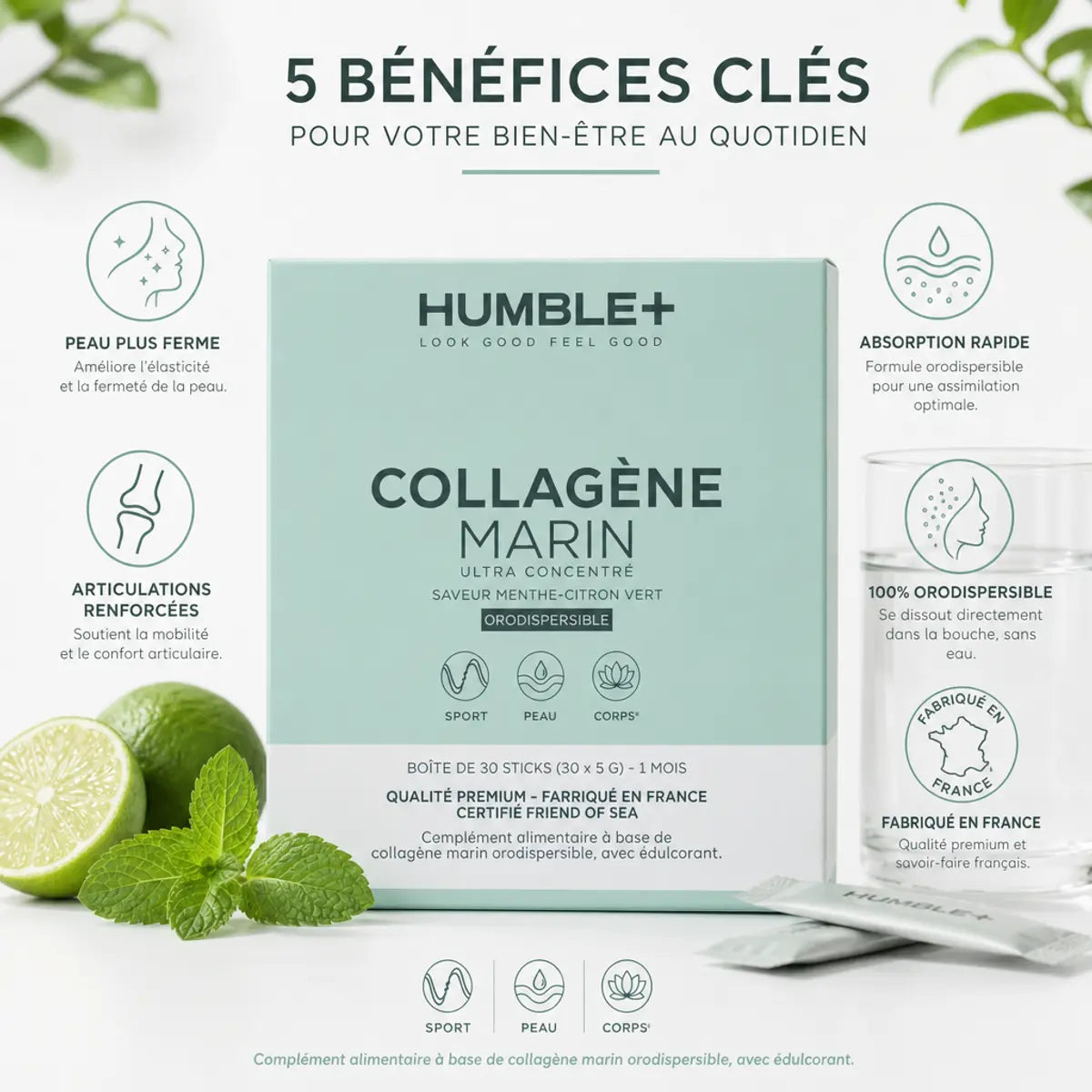 Collagène Marin Humble+ 30 doses Menthe Citron avec infographie des 5 bénéfices clés pour la peau et articulations
