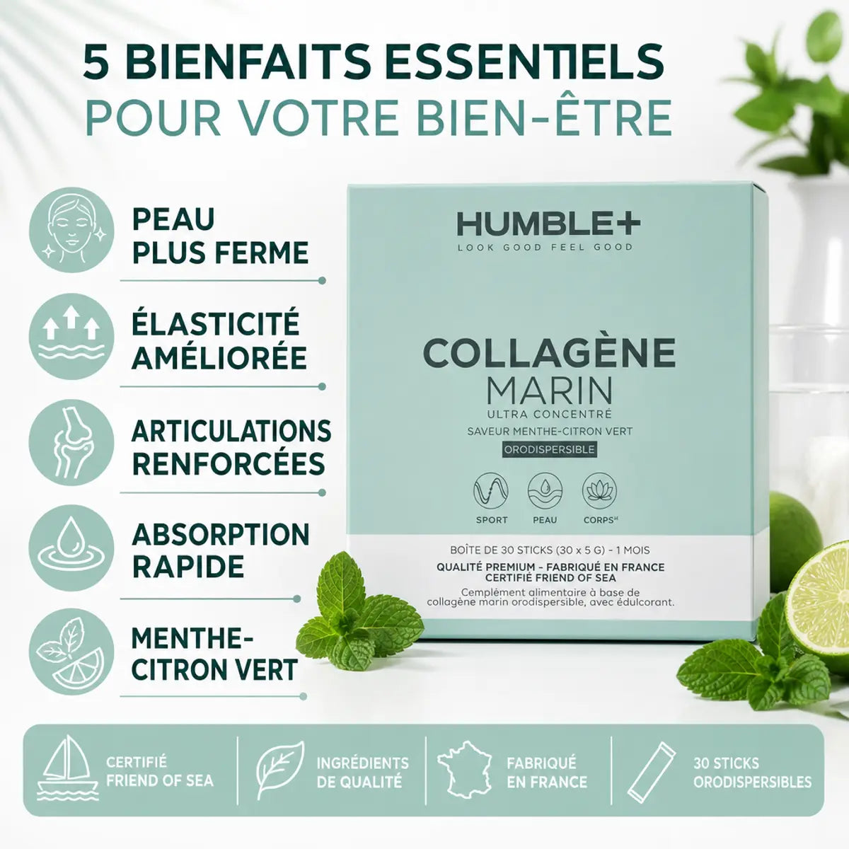 Humble+ Collagène Marin Ultra concentré menthe citron vert - 30 doses avec bénéfices peau ferme et articulations
