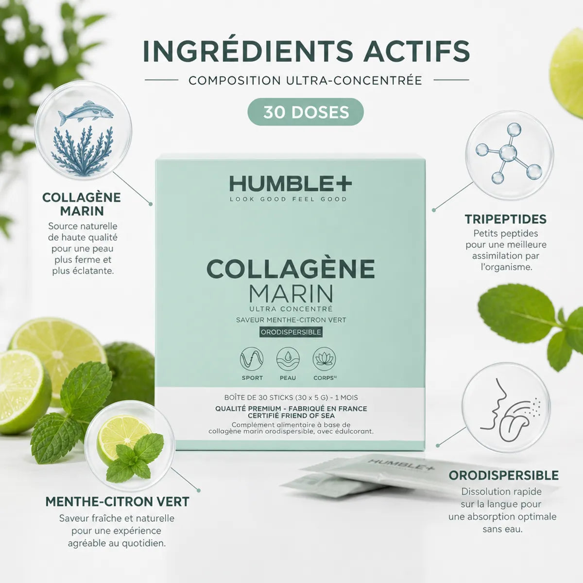 Collagène Marin Ultra concentré Humble+ 30 doses menthe citron vert, ingrédients actifs et composition