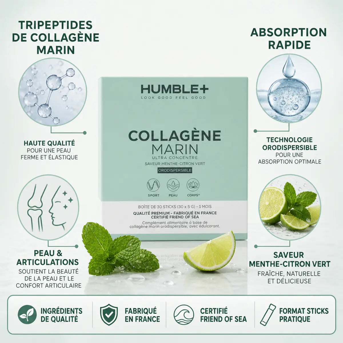 Collagène marin Humble+ 30 doses menthe citron vert avec ingrédients et bénéfices peau articulations
