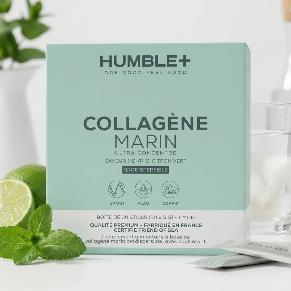 Collagène Marin Ultra concentré Humble+ 30 doses menthe citron vert avec verre d'eau et feuilles fraîches
