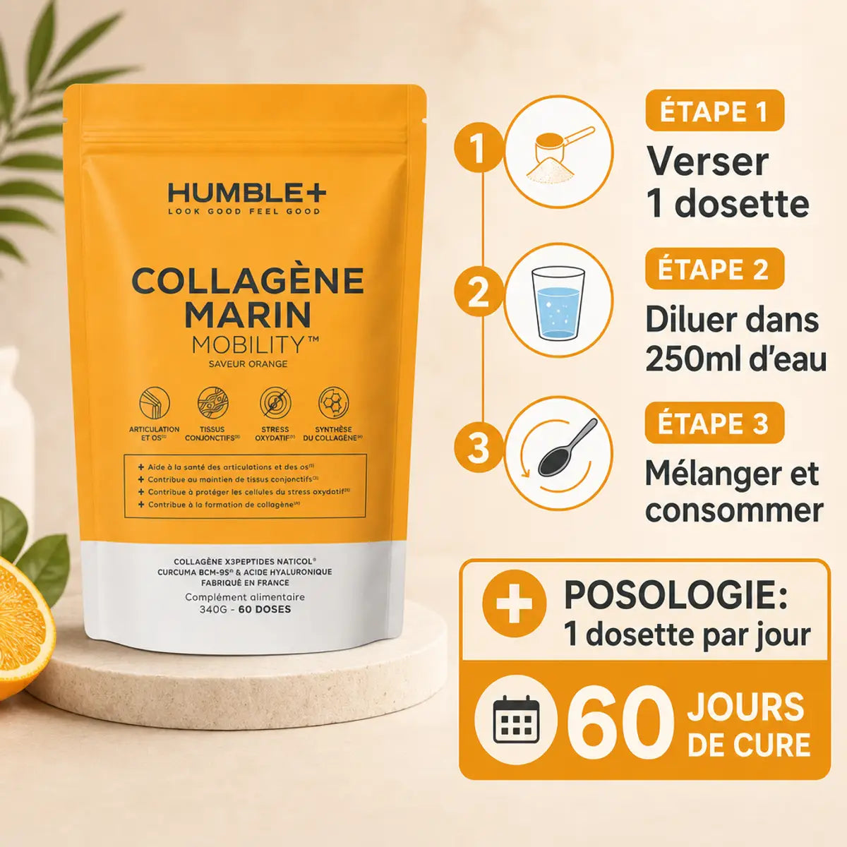 Collagène Mobility Humble+ 60 doses - Guide posologie et mode d'emploi avec infographie étapes