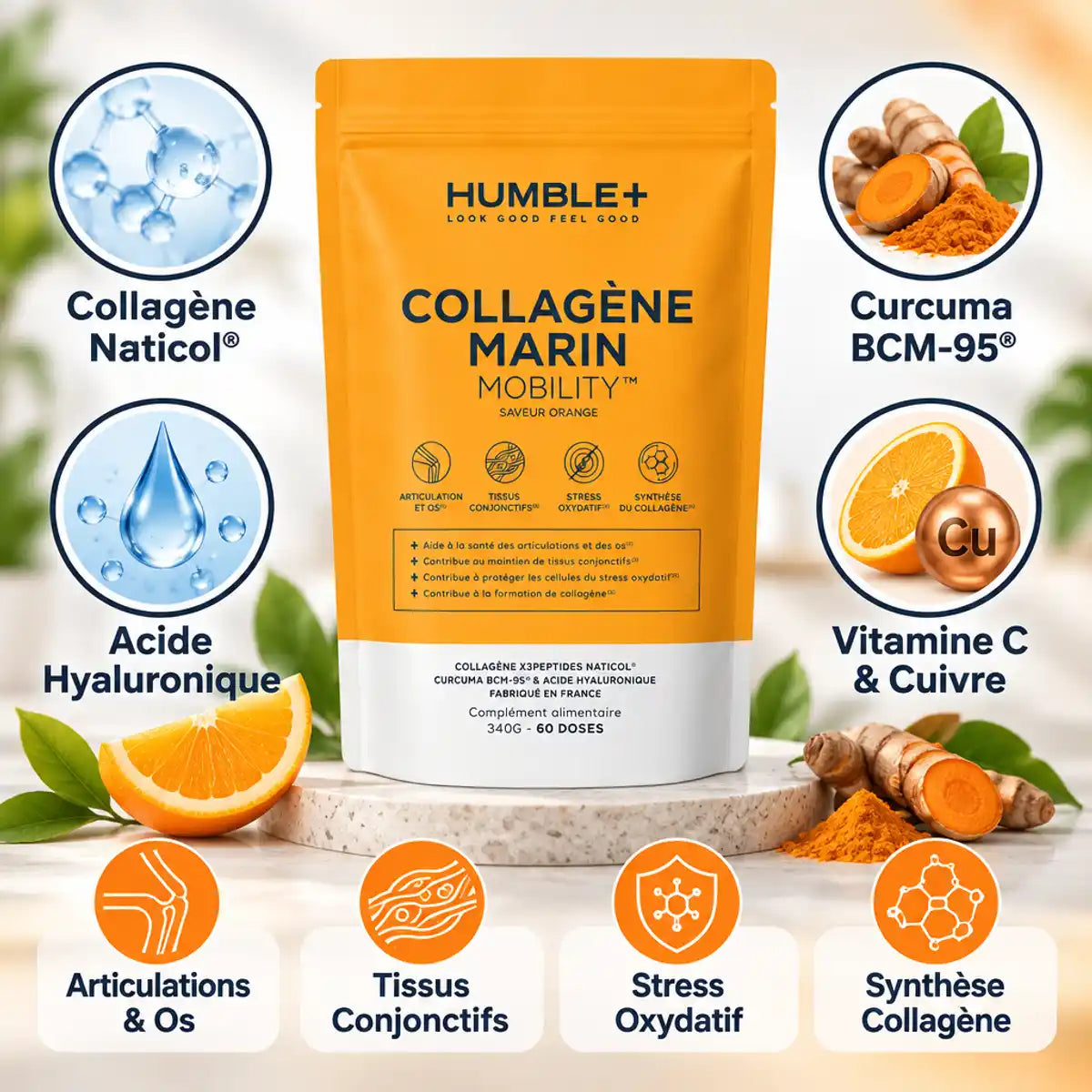 Humble+ Collagène Mobility curcuma acide hyaluronique cure 2 mois articulations os tissu conjonctif