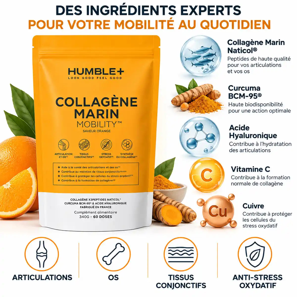 Collagène Mobility Humble+ avec curcuma et acide hyaluronique pour articulations et os