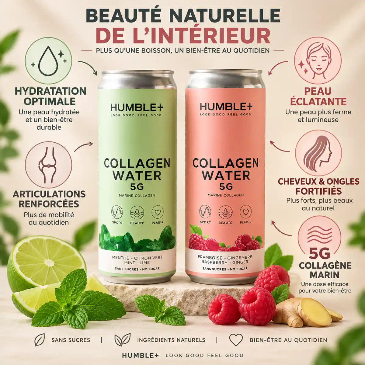 Humble+ Collagen Water 330ml deux saveurs menthe-citron et framboise-gingembre avec 5g collagène marin