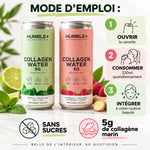 Humble+ Collagen Water 330ml deux saveurs, mode d'emploi infographie, sans sucres, 5g collagène marin