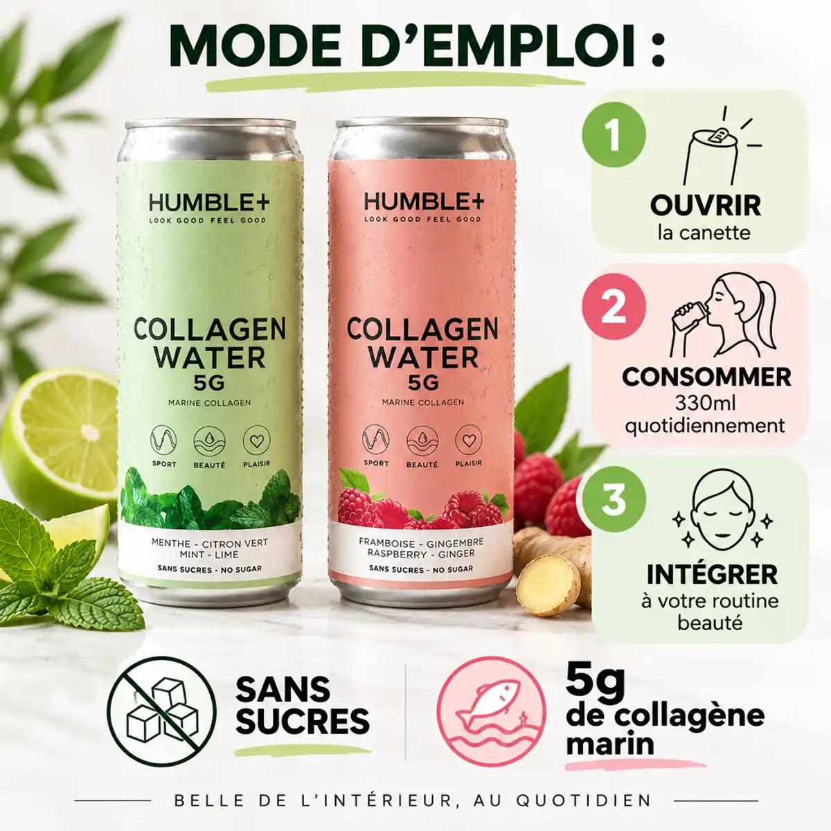 Humble+ Collagen Water 330ml deux saveurs, mode d'emploi infographie, sans sucres, 5g collagène marin
