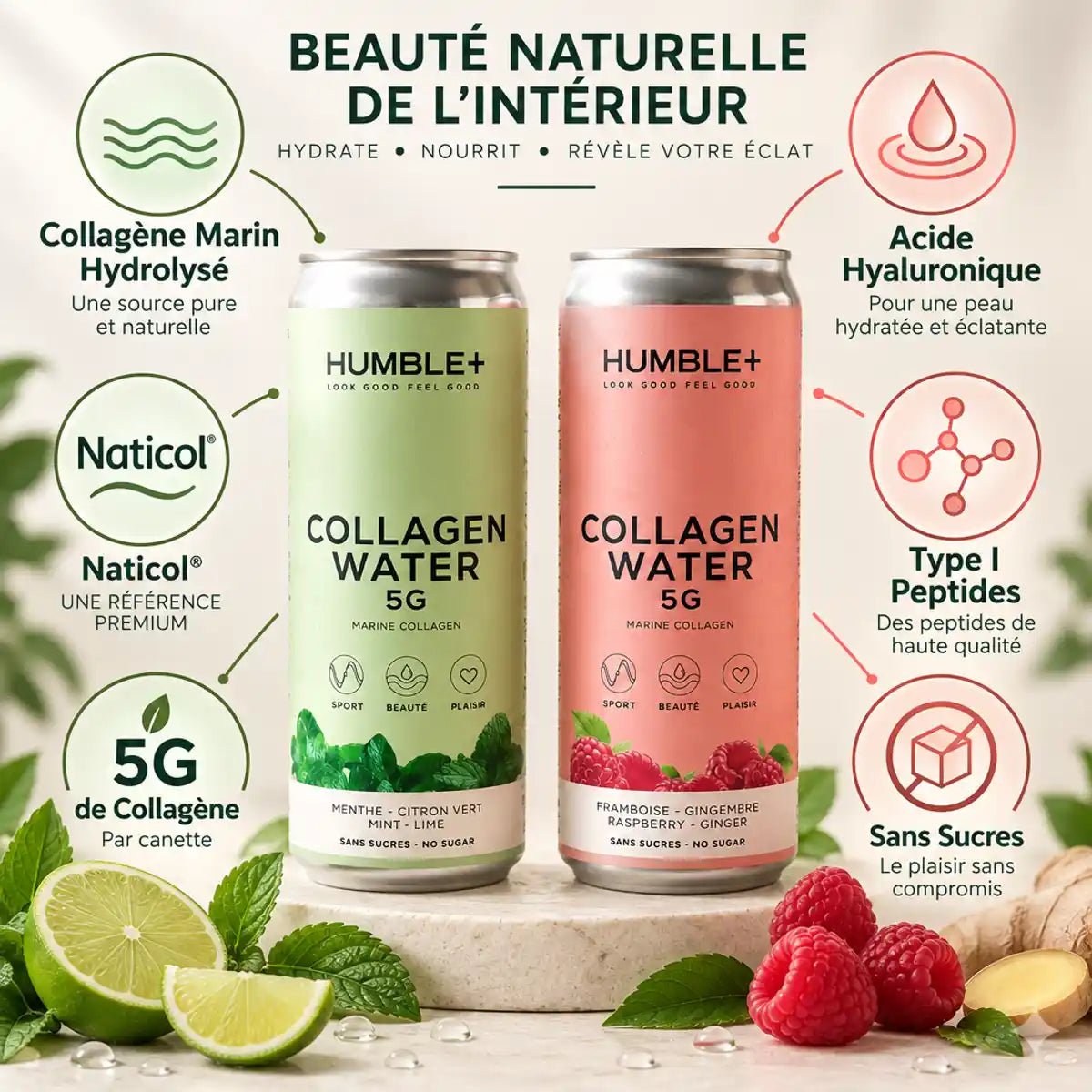 Humble+ Collagen Water 330ml menthe-citron et framboise-gingembre avec ingrédients clés
