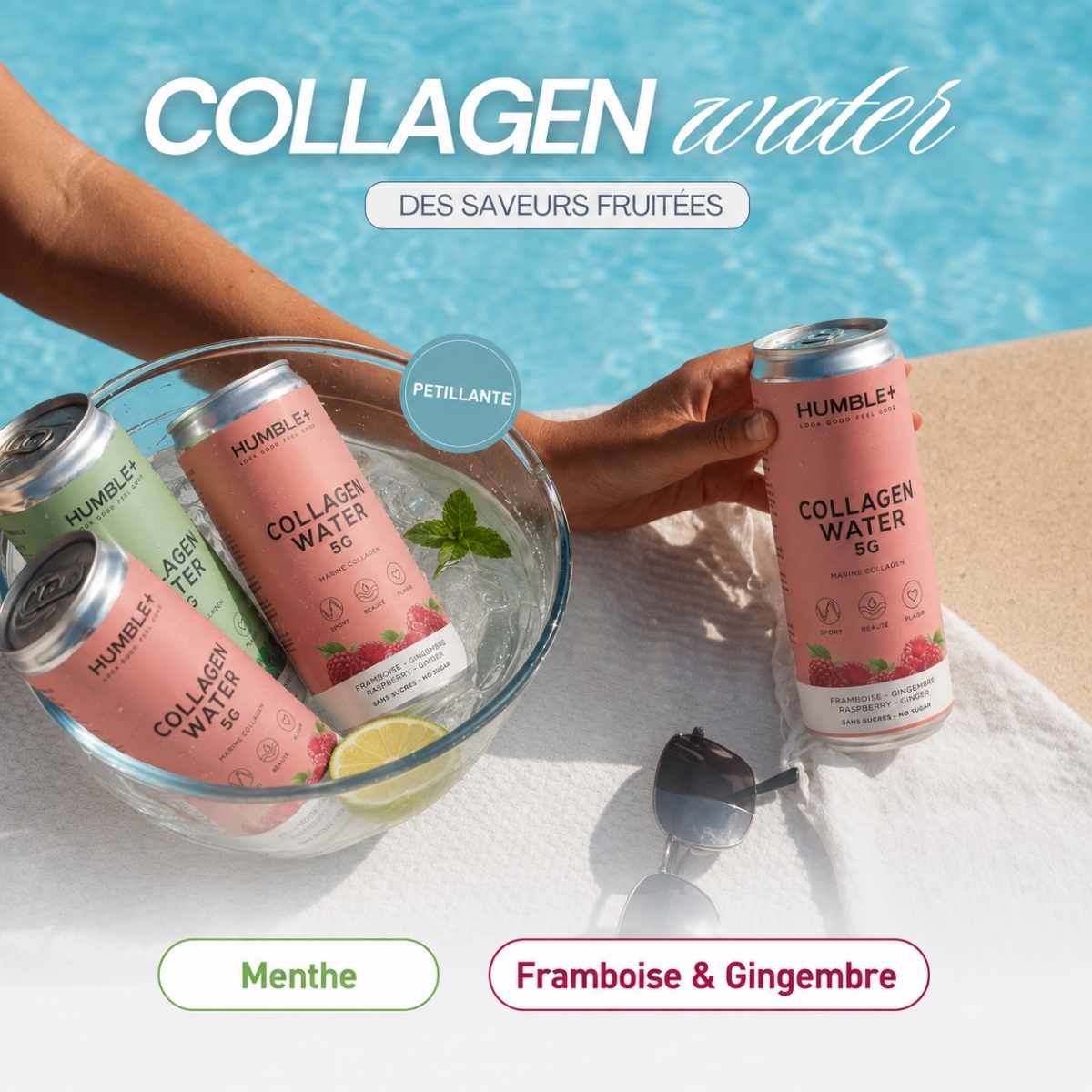 Collagène water et ses parfums au bord d'une piscine.