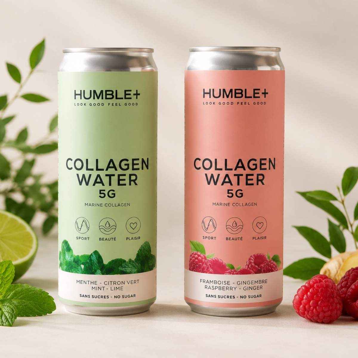Une image des deux saveurs de collagène water de chez Humble +.
