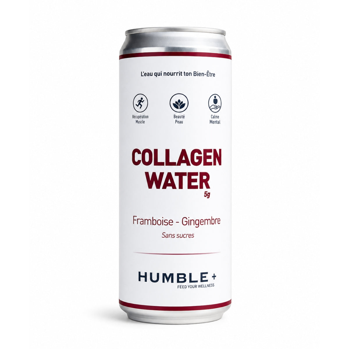 Collagen Water Framboise-Gingembre Humble+ avec framboise et gingembre frais, routine beauté wellness sur fond blanc.