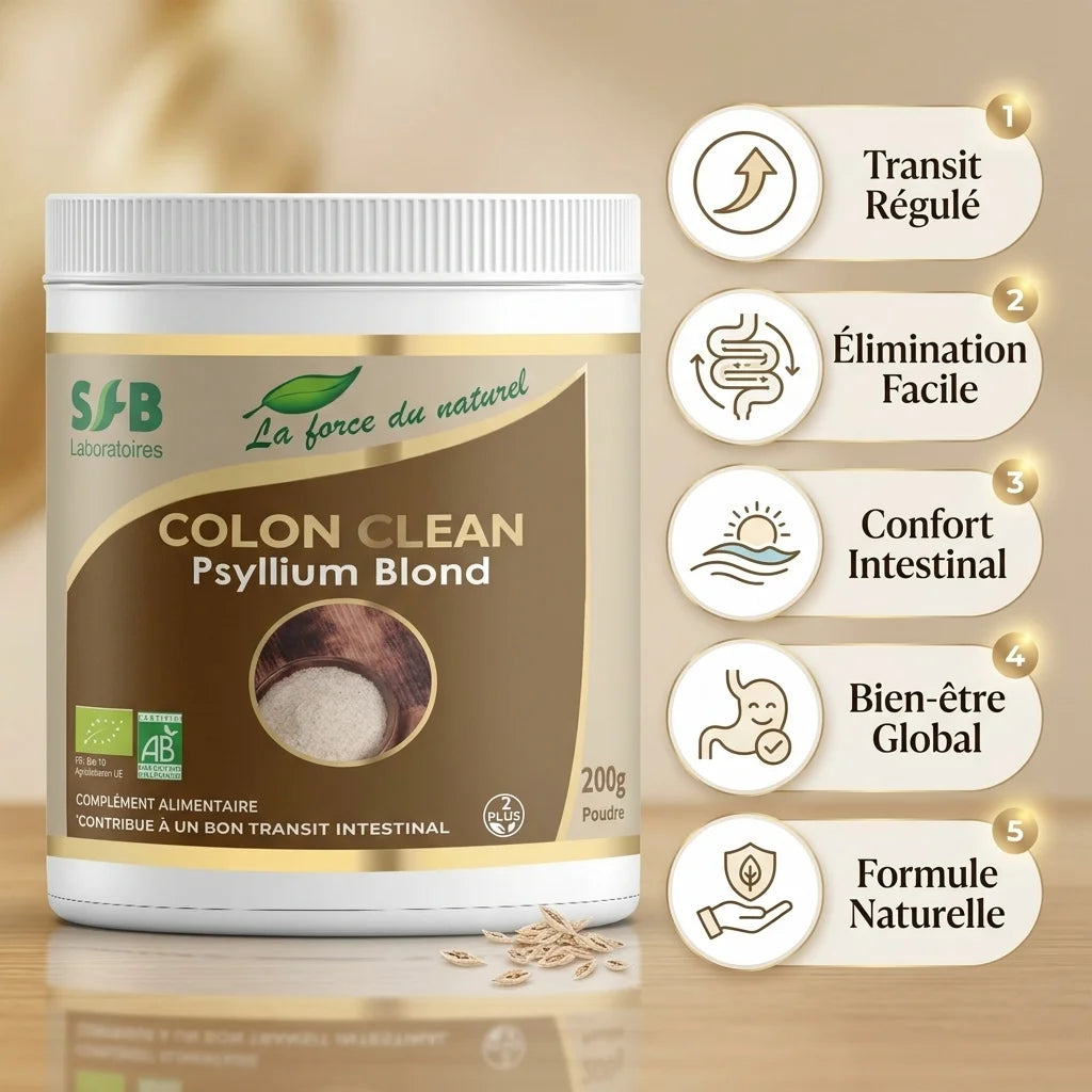 Colon'Clean 200g poudre avec infographie des bénéfices : transit régulé, détoxification naturelle et confort intestinal